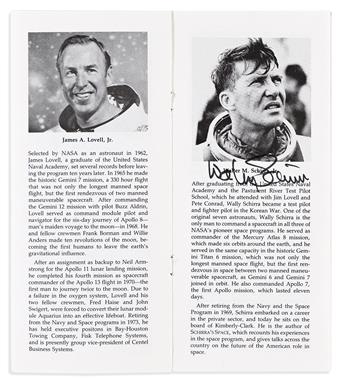 (ASTRONAUTS--APOLLO--MERCURY.) Two Explorer's Club programs, Signed by 5 members of the prime crews of Apollo or Mercury missions.